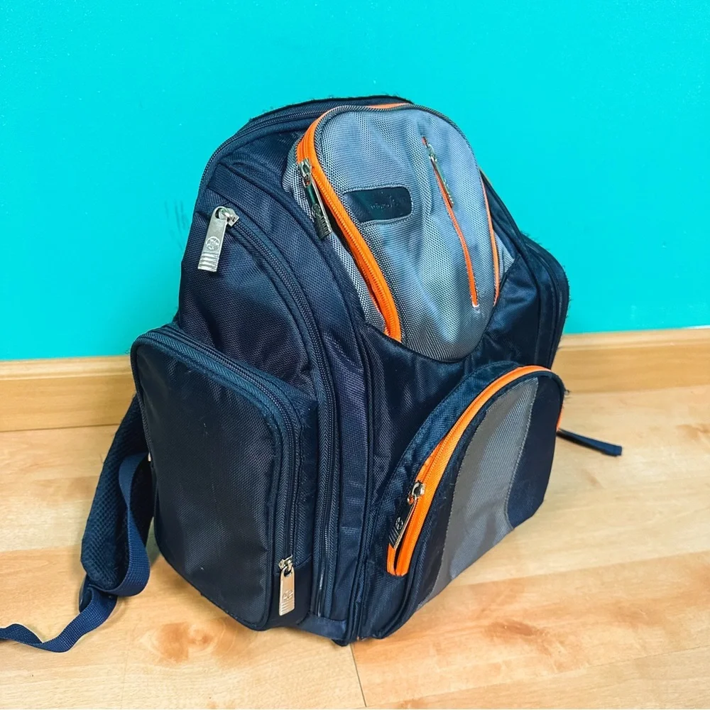 J is for Jeep Navy Blue & Orange Multipocket Diaper Bag Backpack